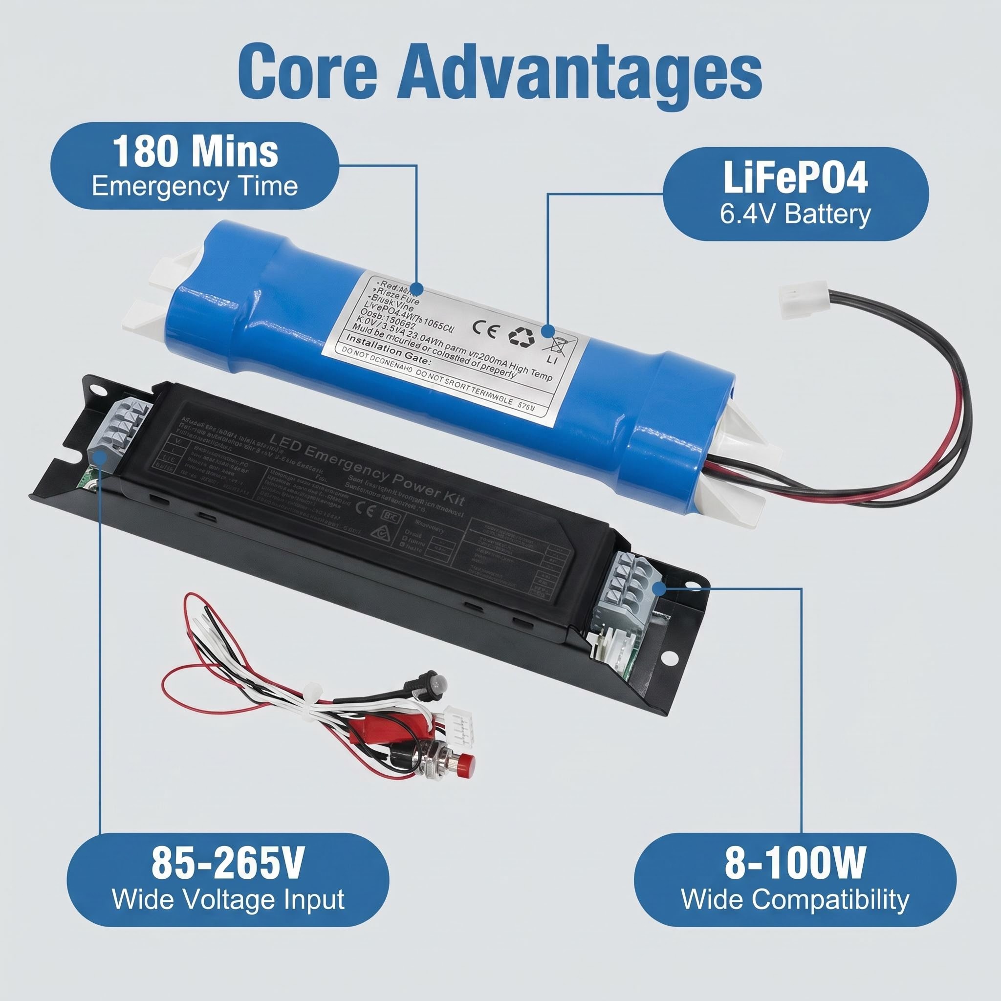Aluminum LED Emergency Driver Kit | 8W Emergency Power | 6.4V 3600mAh LiFePO4 Battery | DC9-175V Output |LED-EMW10 - Image 5