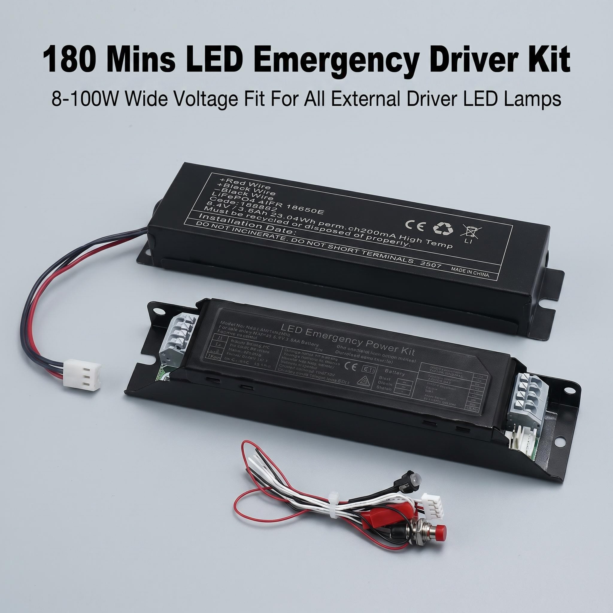 Aluminum LED Emergency Driver Kit | 8W Emergency Power | 6.4V 3600mAh LiFePO4 Battery | DC9-175V Output |LED-EMW10 - Image 2
