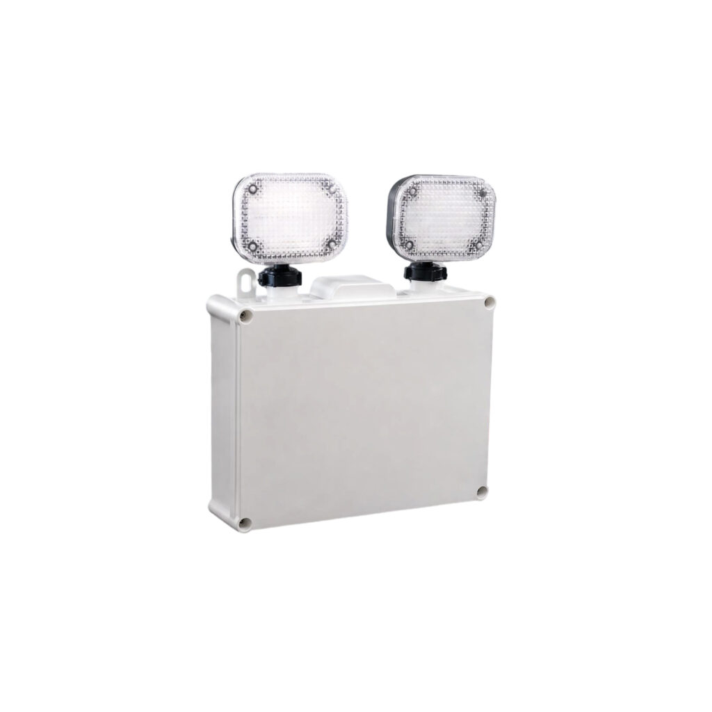 White IP65 LED emergency twin spotlight unit with dual adjustable lamp heads on white background