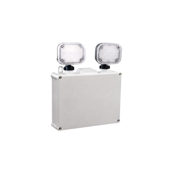 White IP65 LED emergency twin spotlight unit with dual adjustable lamp heads on white background