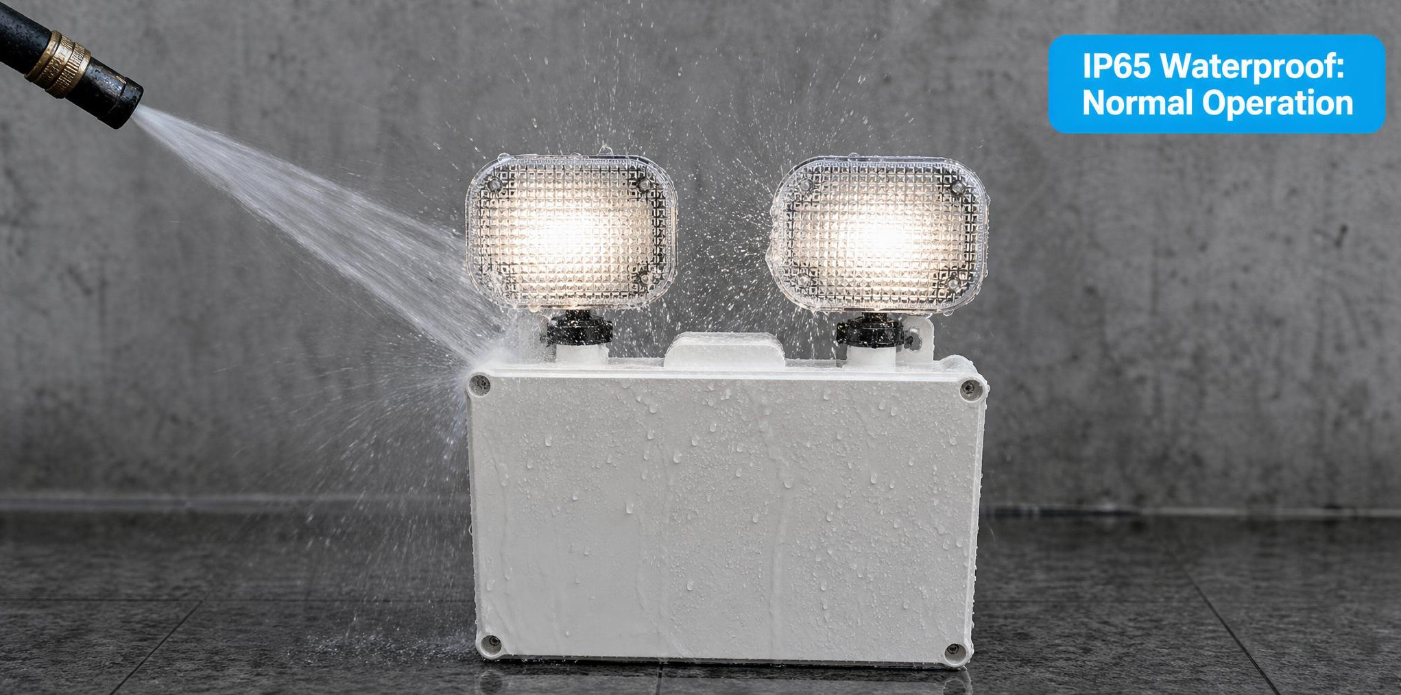 Water jet spraying on illuminated IP65 emergency twin spotlight to demonstrate waterproof capability