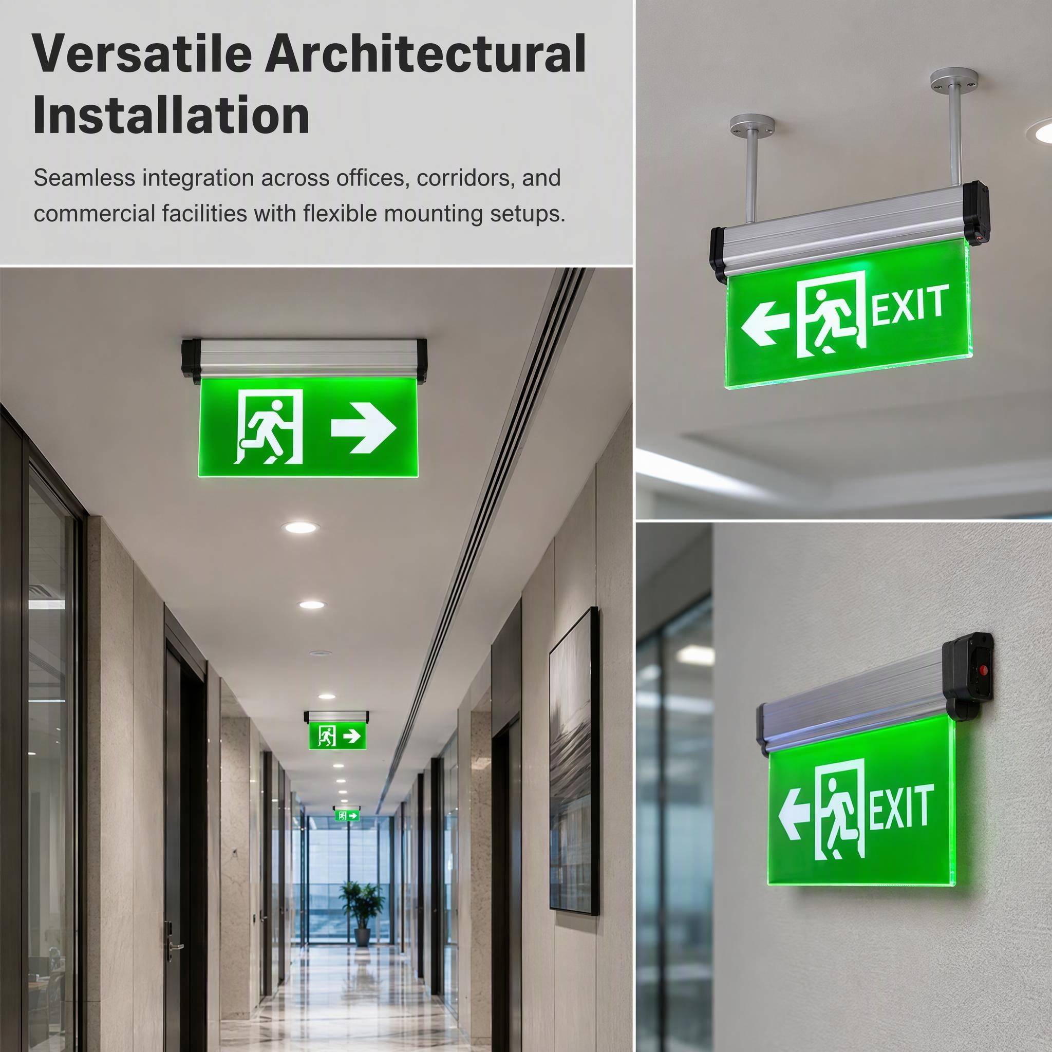 EXIT-LED-ES08 Application scenario diagram Real scene application and partial installation in commercial buildings